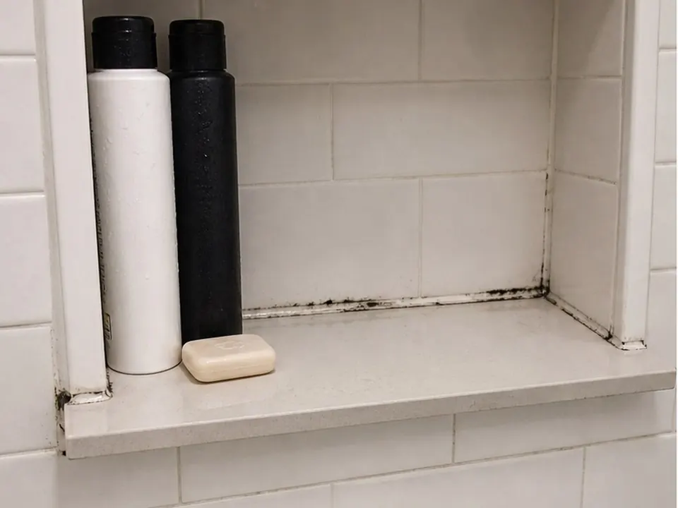 Shower niche shelf seam before