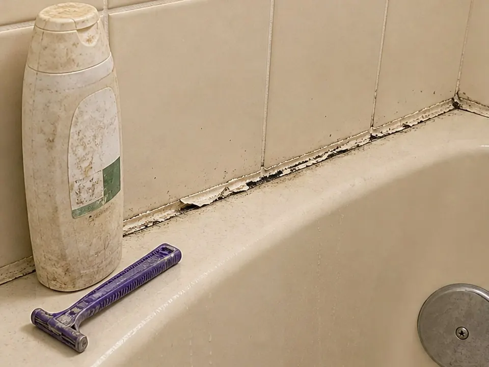 Almond tub caulk line before